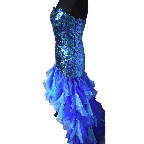 Vienna Blue Strapless Dress Sequin Chiffon Tiered Ruffled Bottom Hi Low Gown 6 - Picture 6 of 14